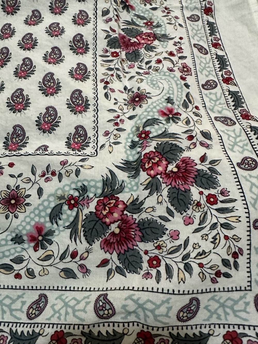 Les Olivades Floral Paisley Bandana Scarf - Ivory with rasberry and green colors - Picture 5 of 5